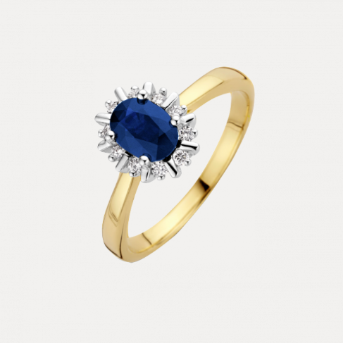 14 KARAAT GEEL- MET WITGOUDEN RING MODEL LADY KATE MET BRILJANT EN BLAUW SAFFIER.
Model LADY KATE geeft je koninklijke allures, met 0.15 caraat briljant geslepen diamanten en een prachtige saffier als eye catcher,
Schitterend als set te combineren met hanger en oorsieraden.